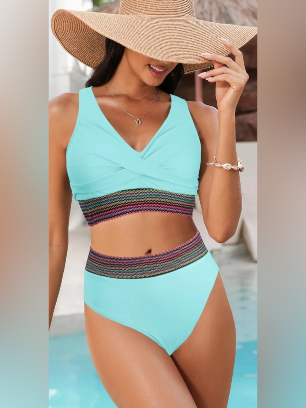 NWT- 3X Aqua High-Waist Two-Piece Swim Set with Multicolor Slimming Waistband
